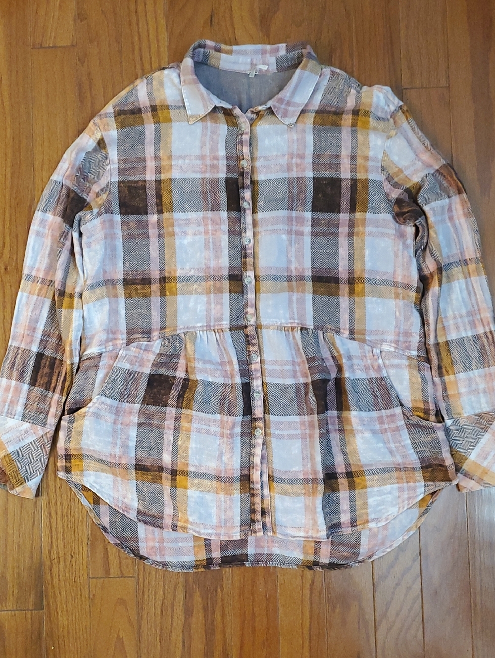 FREE PEOPLE Easy Street plaid shirt Orange/Pink/Brown combo Bleached boho